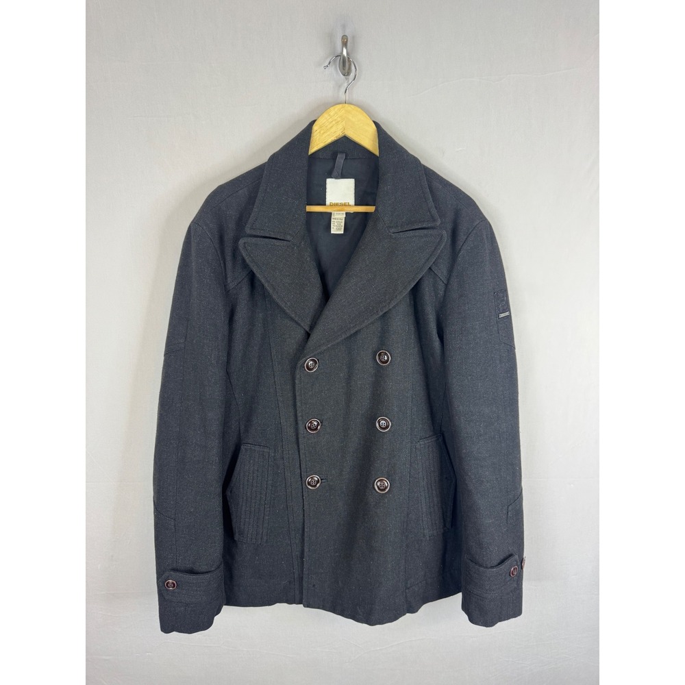 Diesel Mens Wool Blend Double Breasted Pea Coat Charcoal Grey Made in Italy XL